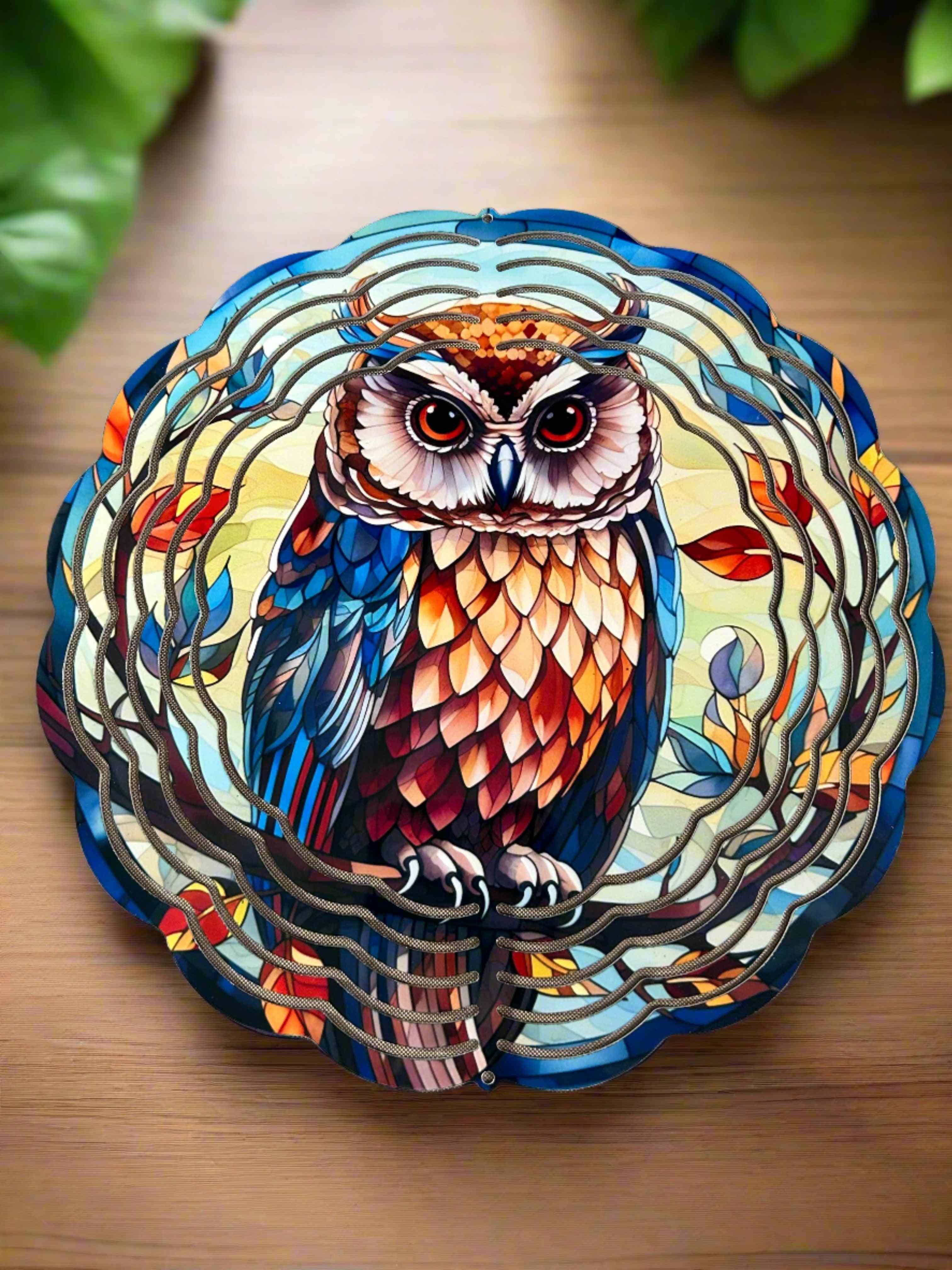 Wind Spinners-Custom Designing colorful owl design on a wooden wind spinner for outdoor decor.